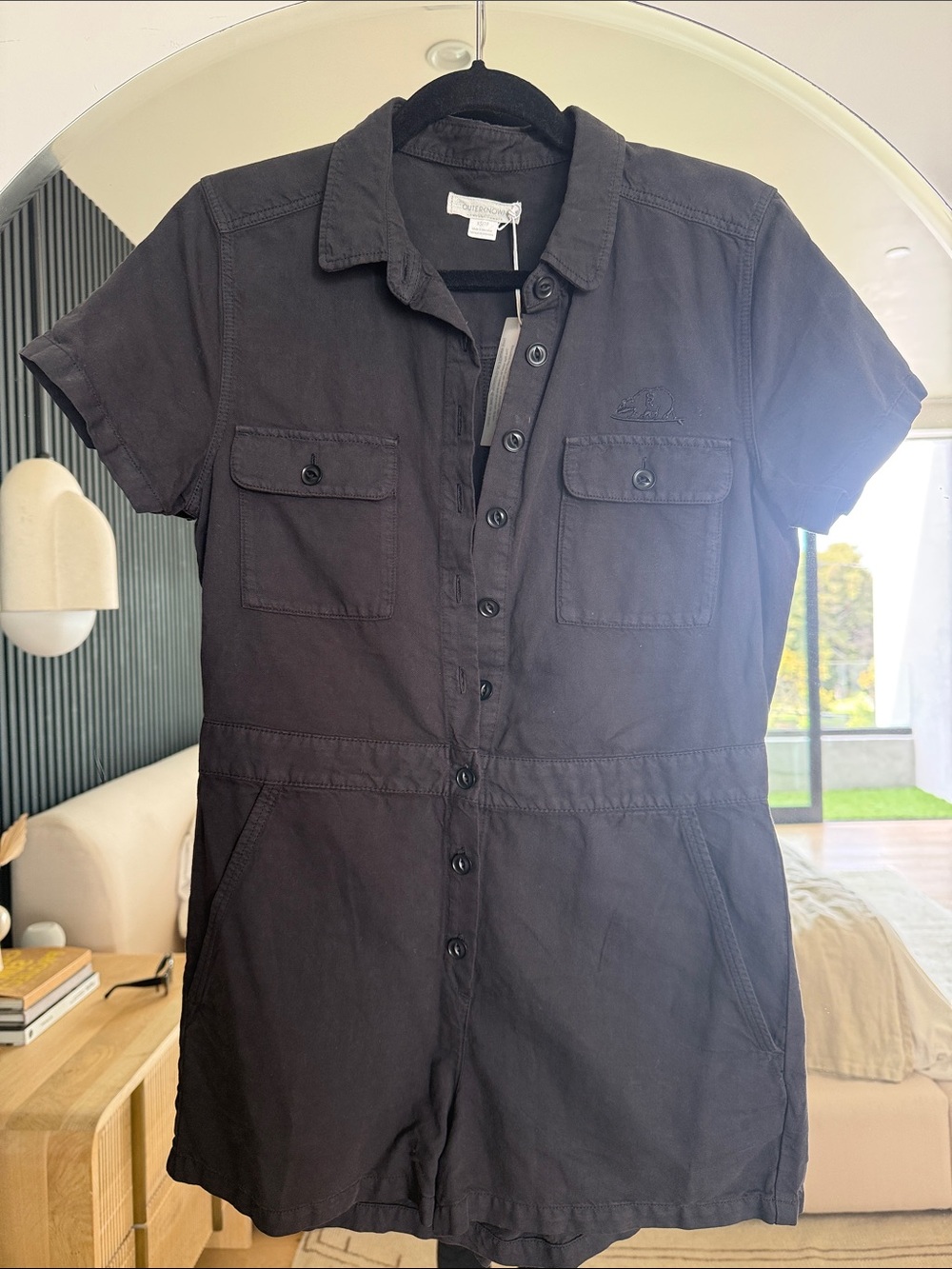 NWT Outerknown Surf Ranch Logo Black Short-Sleeve Utility Romper